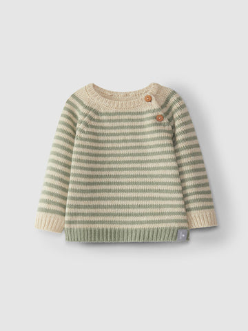 Knitted Sweater with two wooden buttons - Stripe Menta