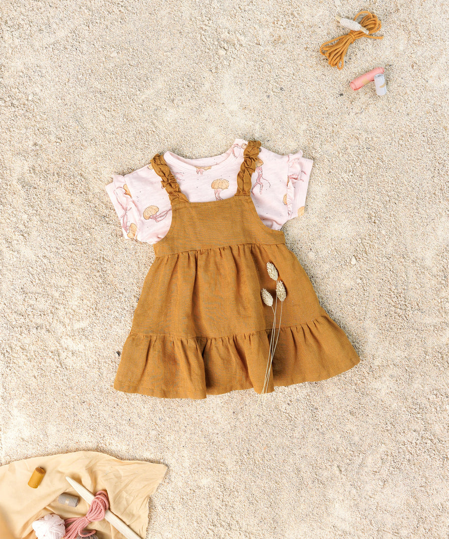 Linen Dress with frill straps - Camel