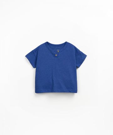 Linen blend T-shirt with opening - Blue