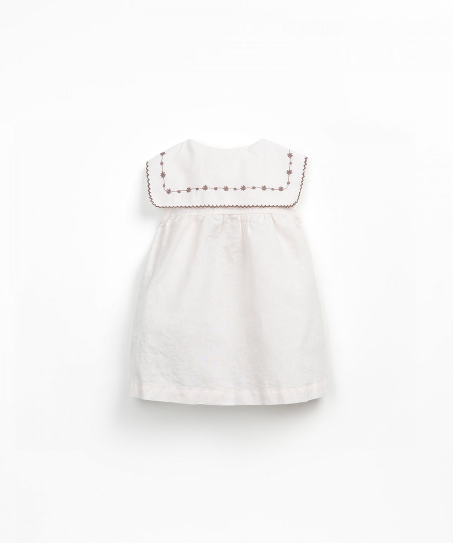 Linen Embroidered Dress with Collar - Ivory