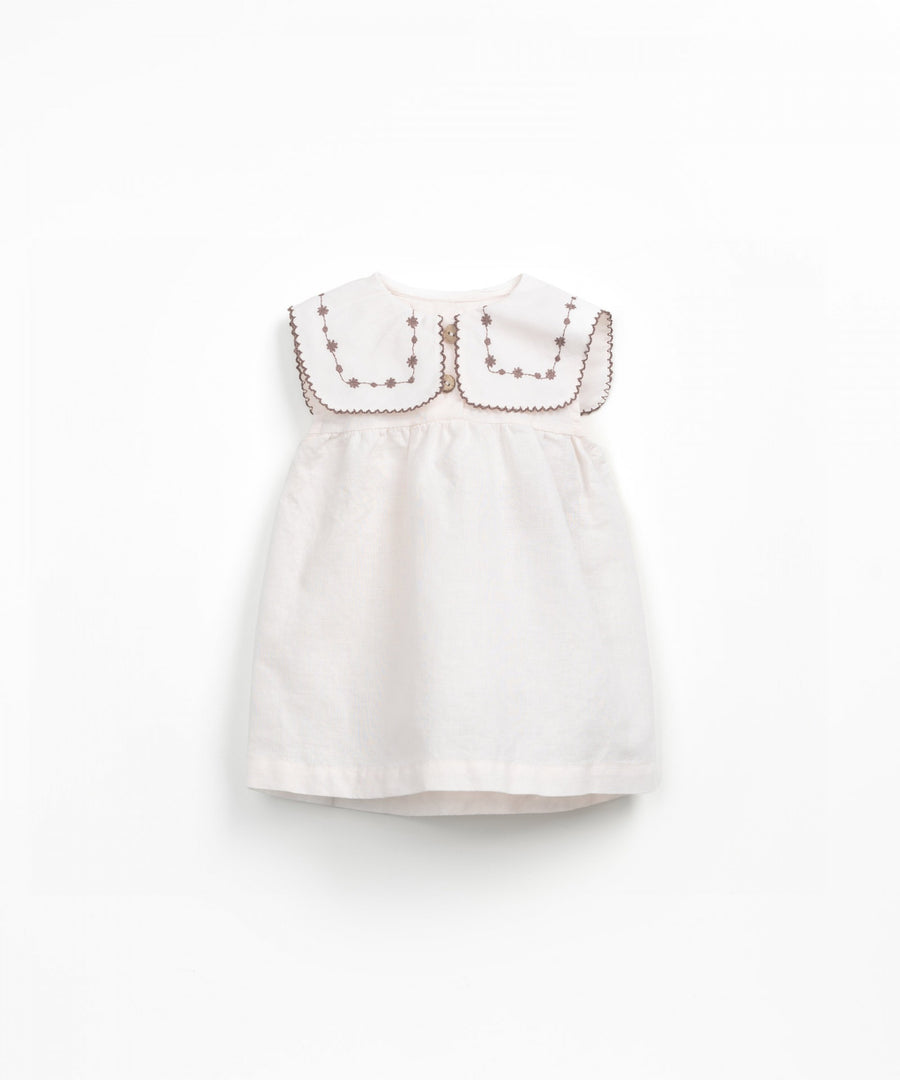 Linen Embroidered Dress with Collar - Ivory