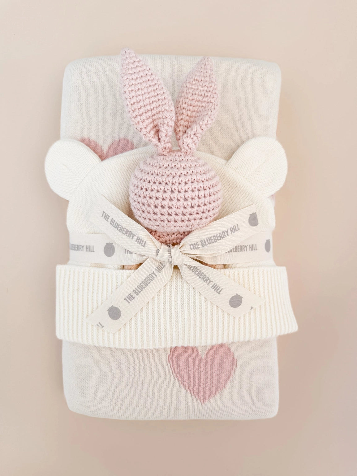 Organic Heart Blanket, Hat & Bunny Teether Rattle Gift Set
