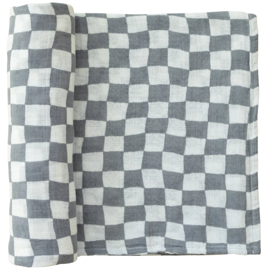 Mebie Baby Muslin Swaddle Blanket - Dusty Blue Wavy Checkered