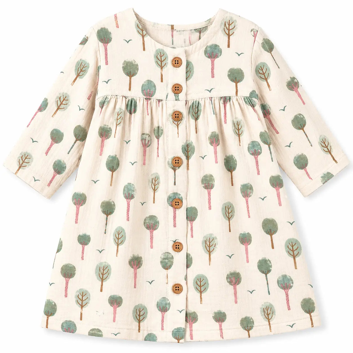 Muslin Long Sleeve Button Front Dress - Evergreen Trail
