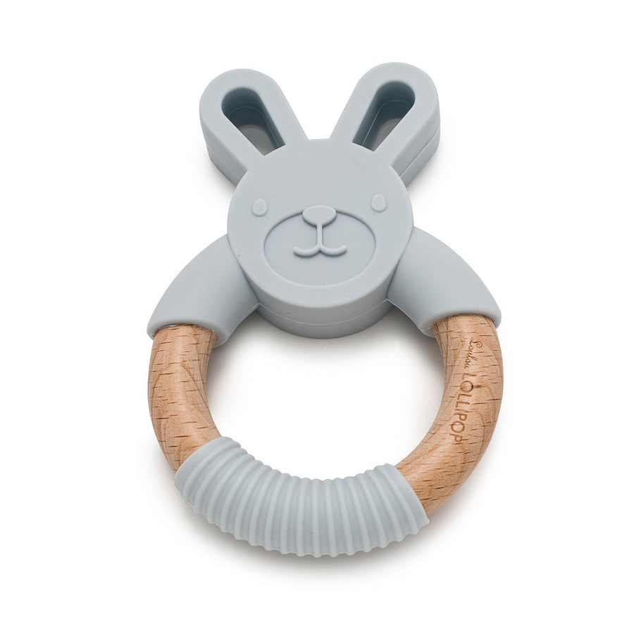 Loulou Lollipop Bunny Silicone and Wood Teething Ring - Light Grey