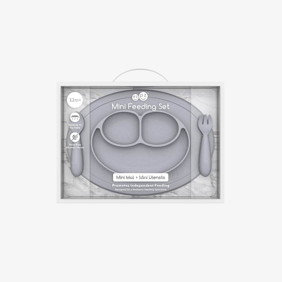 Mini Feeding Set (Happy Mat + Mini utensils) - Pewter
