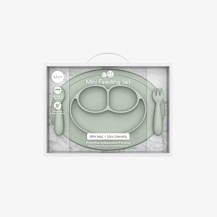 Mini Feeding Set (Happy Mat + Mini utensils) - Sage